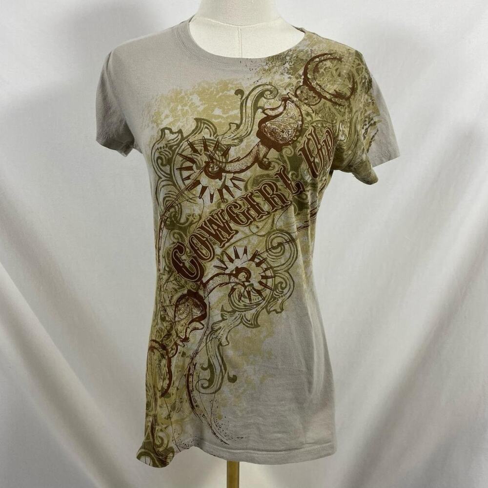 Cowgirl up grey and brown t shirt size large‎ country preppy y2k